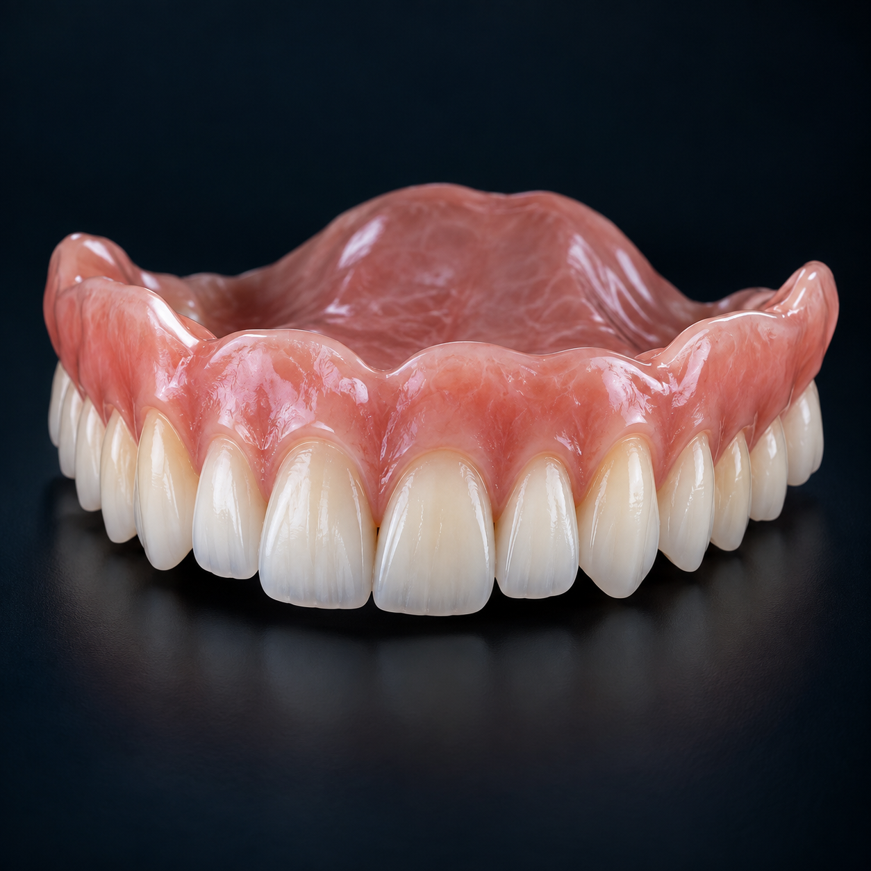 Highly polished pink acrylic upper denture with natural ivory teeth on a dark studio background